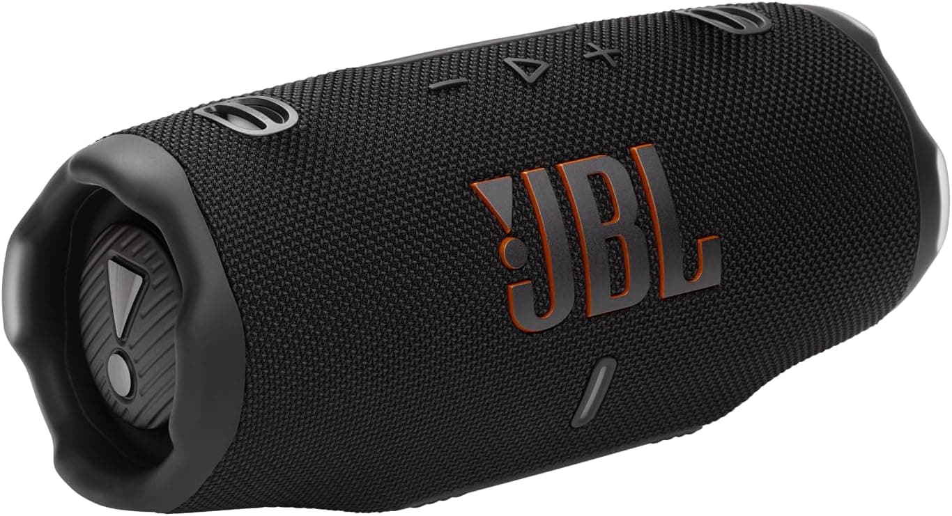 اسپیکر بلوتوثی قابل‌حمل JBL Charge 6 – ضدآب، مجهز به پاوربانک داخلی و فناوری Auracast، دارای 28 ساعت پخش موسیقی، شارژ سریع، طراحی ضد ضربه و صدای قدرتمند – رنگ مشکی.
