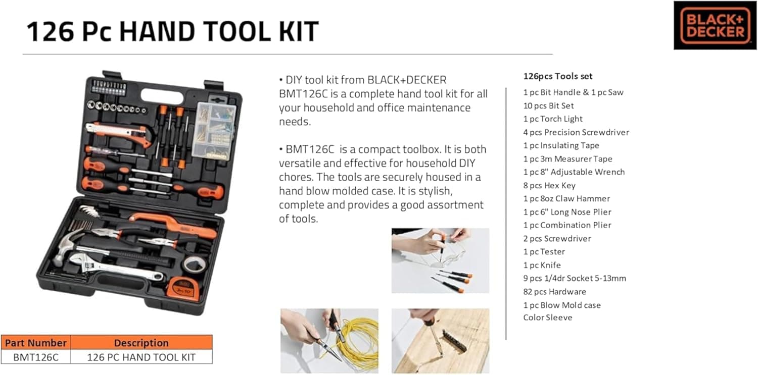 کیت ابزار دستی Black & Decker – شامل ۱۲۶ قطعه در جعبه ابزار، مناسب برای استفاده خانگی، DIY و حرفه‌ای، رنگ نارنجی/مشکی، مدل BMT126C، با ۲ سال گارانتی.