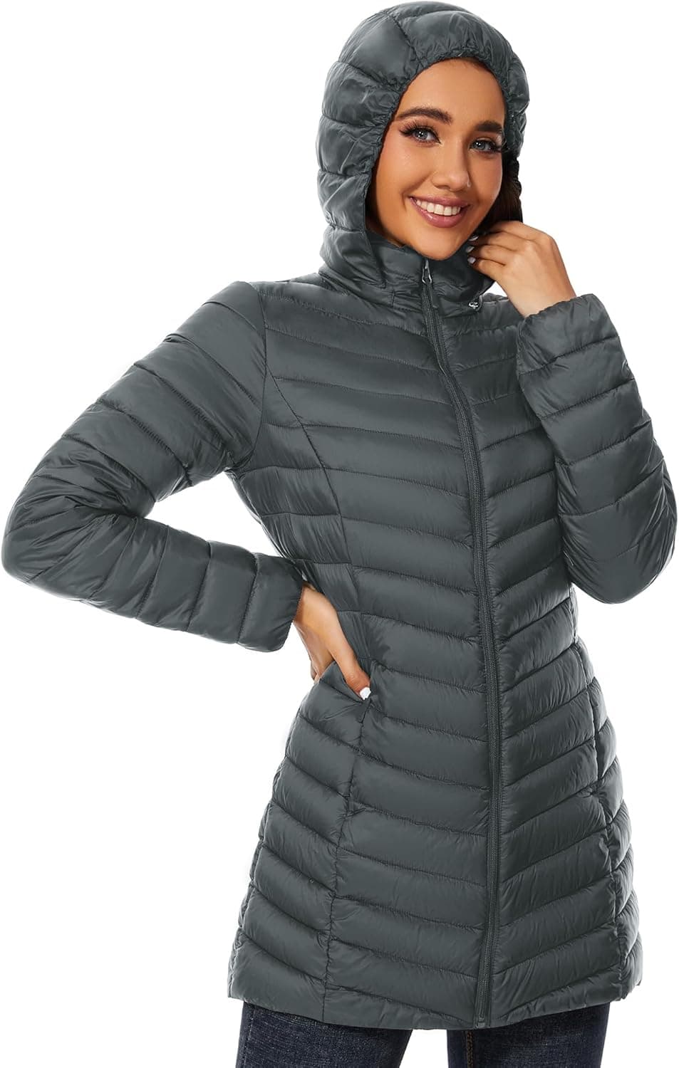 کاپشن زنانه ANOTHER CHOICE – دو رو (Reversible)، گرم و پف‌دار (Quilted Puffer)، دارای کلاه، مدل بلند و پددار (Long Hooded Padded Winter Coat)، مناسب برای زمستان.