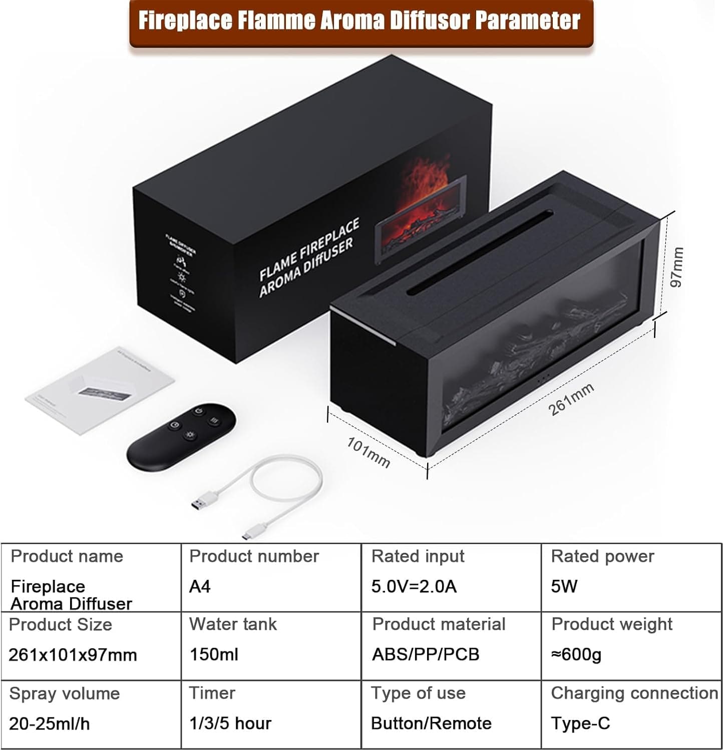 دستگاه پخش‌کننده عطر شومینه‌ای Flame، دستگاه آروماتراپی، دیفیوزر شعله ۷ رنگ ارتقایافته، مرطوب‌کننده اولتراسونیک مه خنک، دیفیوزر روغن اسانسی 150ml با تایمر و خاموشی خودکار بدون آب برای خانه، اتاق و دفتر 3372