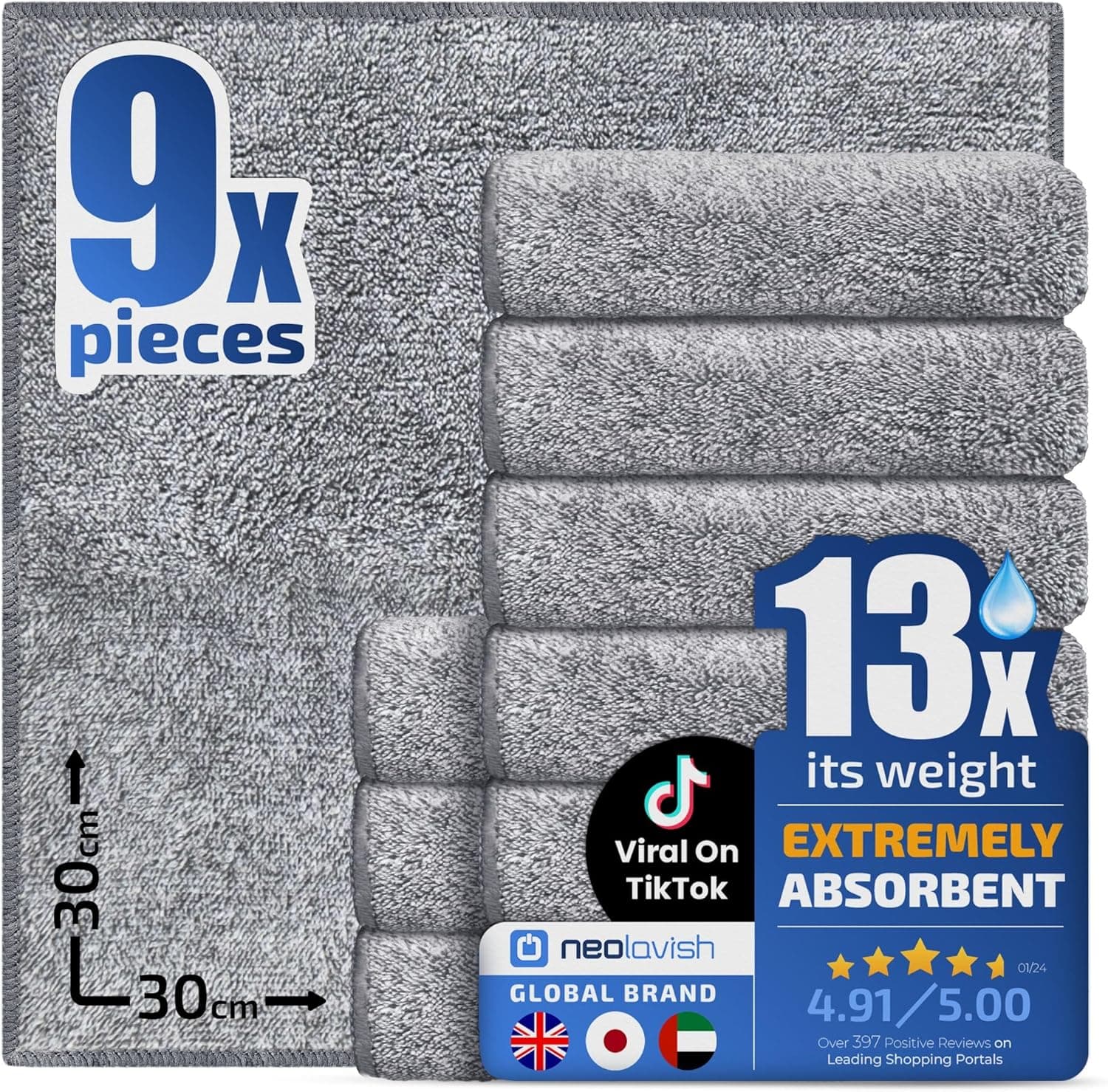 دستمال میکروفایبر Neolavish® برای نظافت آشپزخانه - حوله‌های ظرف فوق‌العاده جاذب برای پاک کردن و خشک کردن | بدون پرز، 30x30 سانتی‌متر، بسته 9 عددی خاکستری 9 عدد در بسته