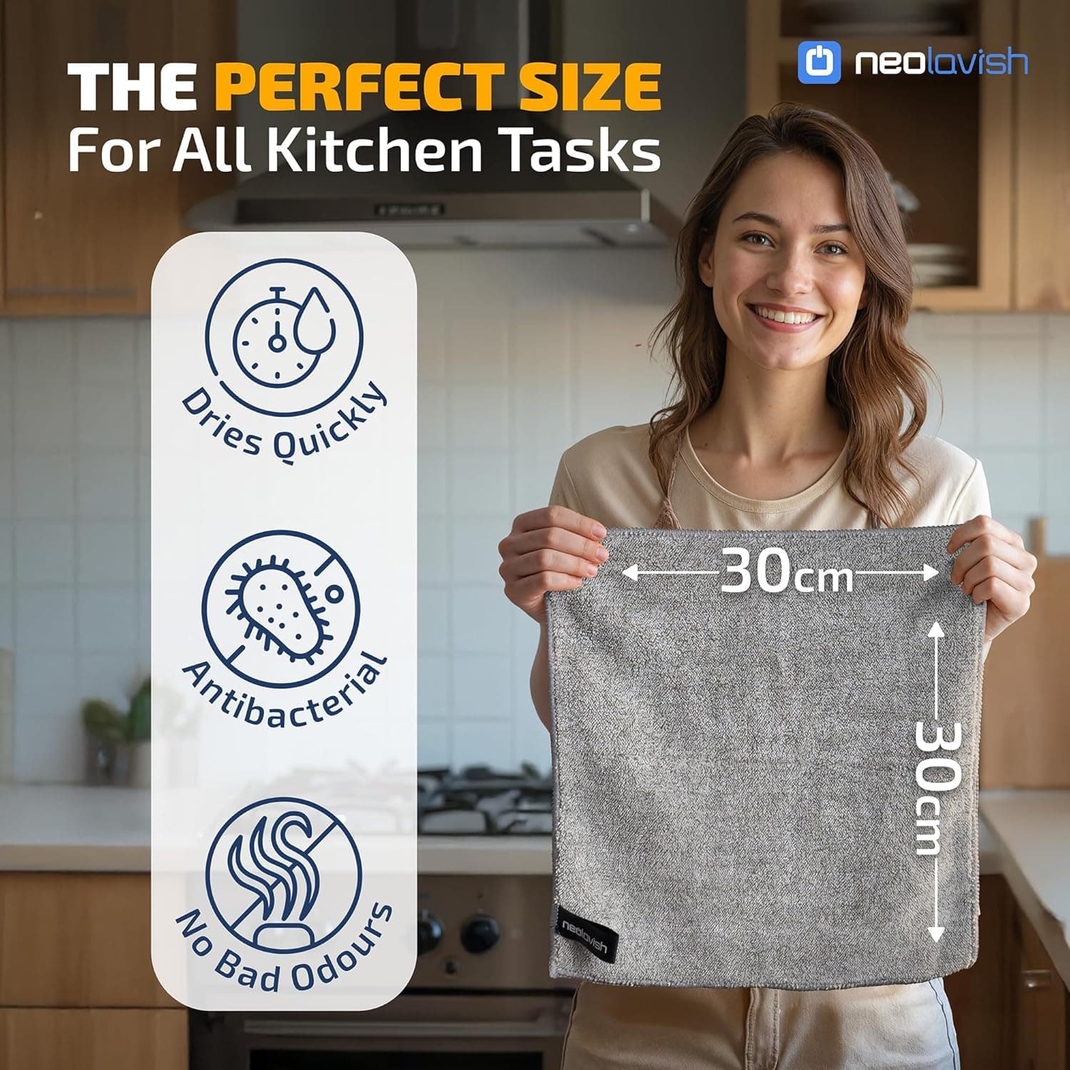 دستمال میکروفایبر Neolavish® برای نظافت آشپزخانه - حوله‌های ظرف فوق‌العاده جاذب برای پاک کردن و خشک کردن | بدون پرز، 30x30 سانتی‌متر، بسته 9 عددی خاکستری 9 عدد در بسته 3395