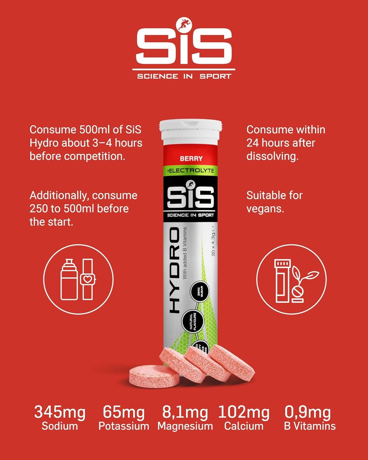 قرص‌های الکترولیت Science In Sport Hydro | قرص‌های هیدراتاسیون بدون شکر | الکترولیت‌های ضروری برای کاهش خستگی و کمک به آب‌رسانی مجدد | بدون گلوتن | طعم بری | ۲۰ وعده | ۱ بسته بری ۲۰ عددی (بسته ۱ عددی) 3479