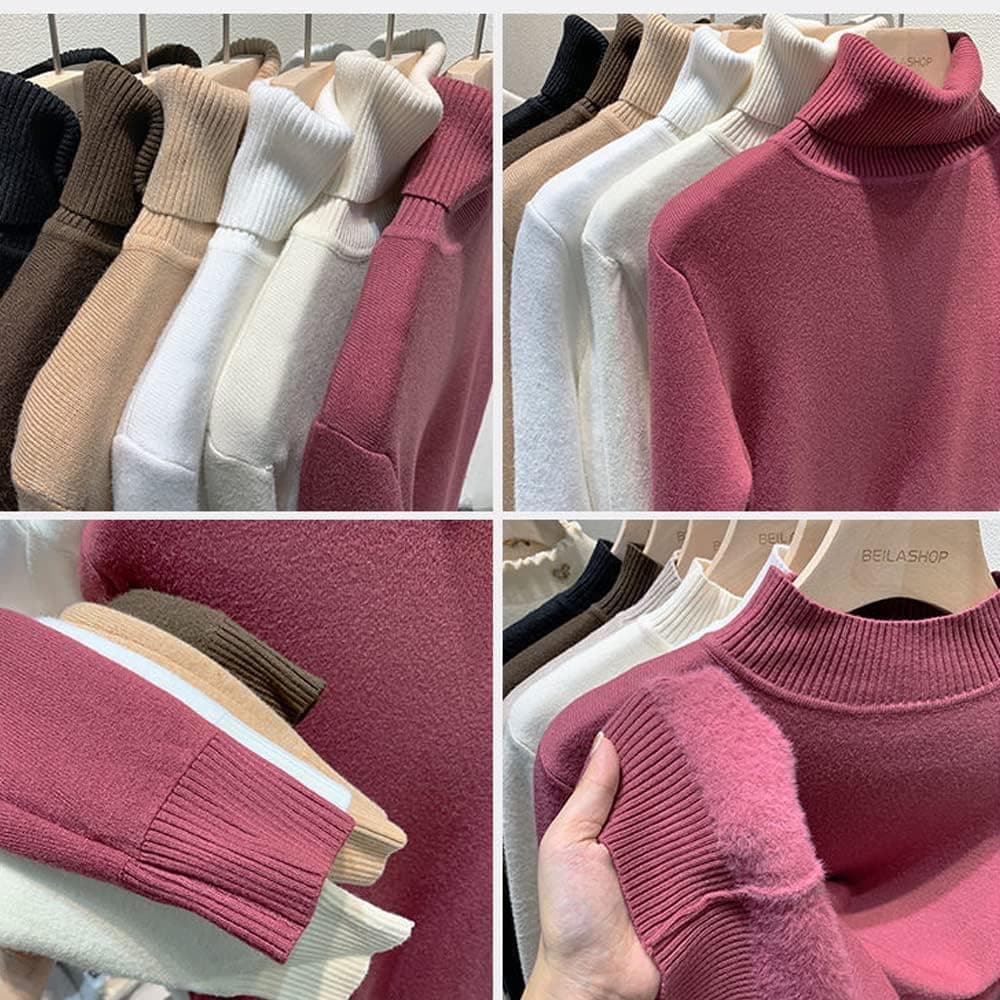 بلوز بافتنی ضخیم زمستانی با آستر پشمی، پلیور یقه‌اسکی ضخیم و راحت 2023 با بافت نرم و گرم، M زردآلویی M 3487