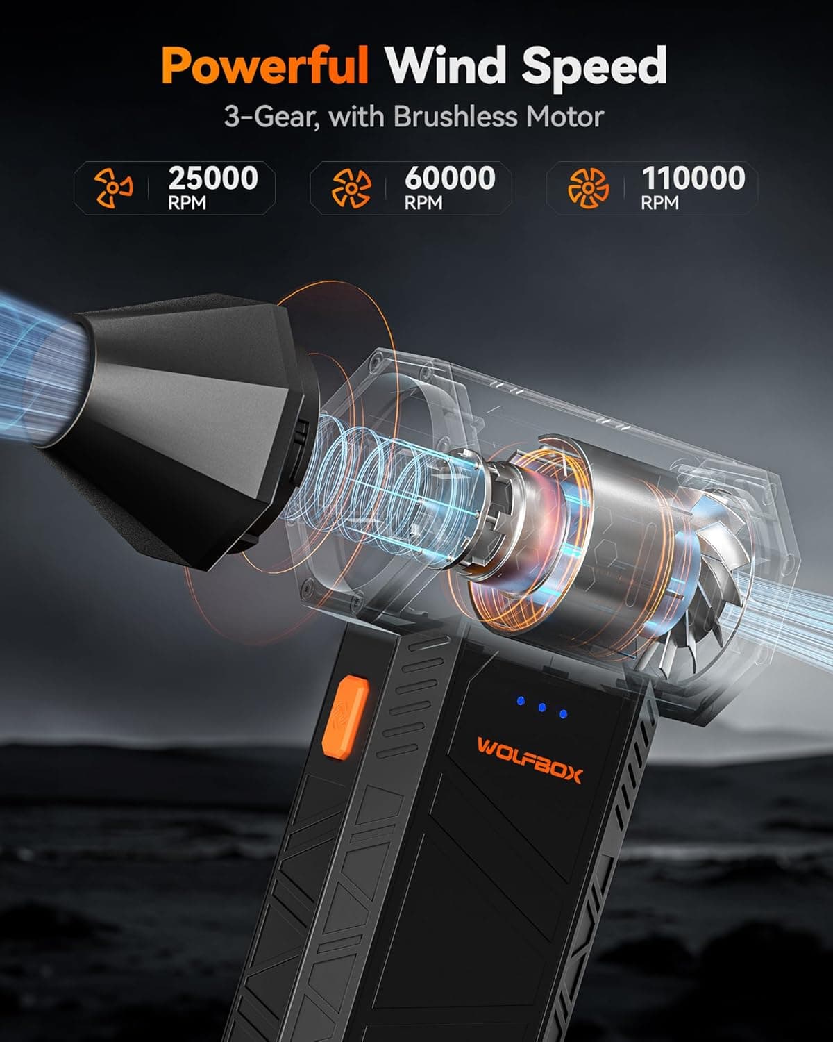 گردگیر برقی WOLFBOX MF50 - گردگیر بی‌سیم فوق‌العاده قدرتمند با سرعت 110000RPM، دمنده مینی 3 حالته قابل تنظیم با شارژ سریع، دمنده گرد و غبار برای کامپیوتر، کیبورد، خانه، فضای باز و خودرو MF 50