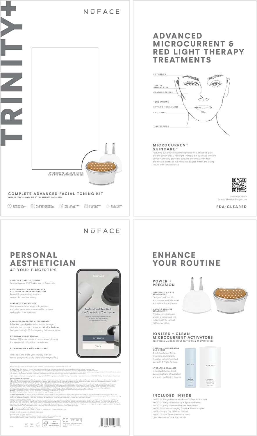 دستگاه صورت NuFACE TRINITY+ با جریان میکروکارنت – کاهش‌دهنده چین و چروک با سری مخصوص لب و چشم، تایید شده توسط FDA برای سفت کردن و فرم‌دهی صورت به صورت هدفمند، همراه با ژل فعال‌کننده میکروکارنت و کرم ابریشمی.