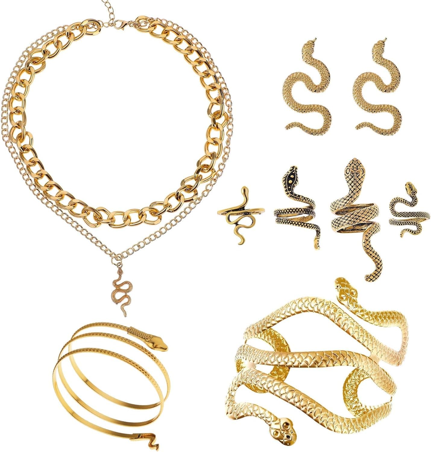 ست جواهرات مار NALACAL برای زنان به سبک مصر – شامل گردنبند، گوشواره، دستبند، النگو و انگشتر، ست انگشترهای مار شخصی‌سازی شده به سبک پانک، مناسب برای نقش‌آفرینی و کارناوال – ۸ تکه.