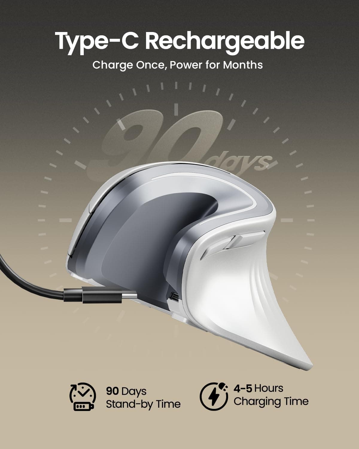 ماوس ارگونومیک ProtoArc مدل EM11 NL – بی‌سیم و عمودی (Vertical Mouse)، با قابلیت اتصال به چند دستگاه به‌صورت هم‌زمان، قابل شارژ از طریق USB-C، مناسب برای Windows، macOS، کامپیوتر، نوت‌بوک و لپ‌تاپ – رنگ سفید.