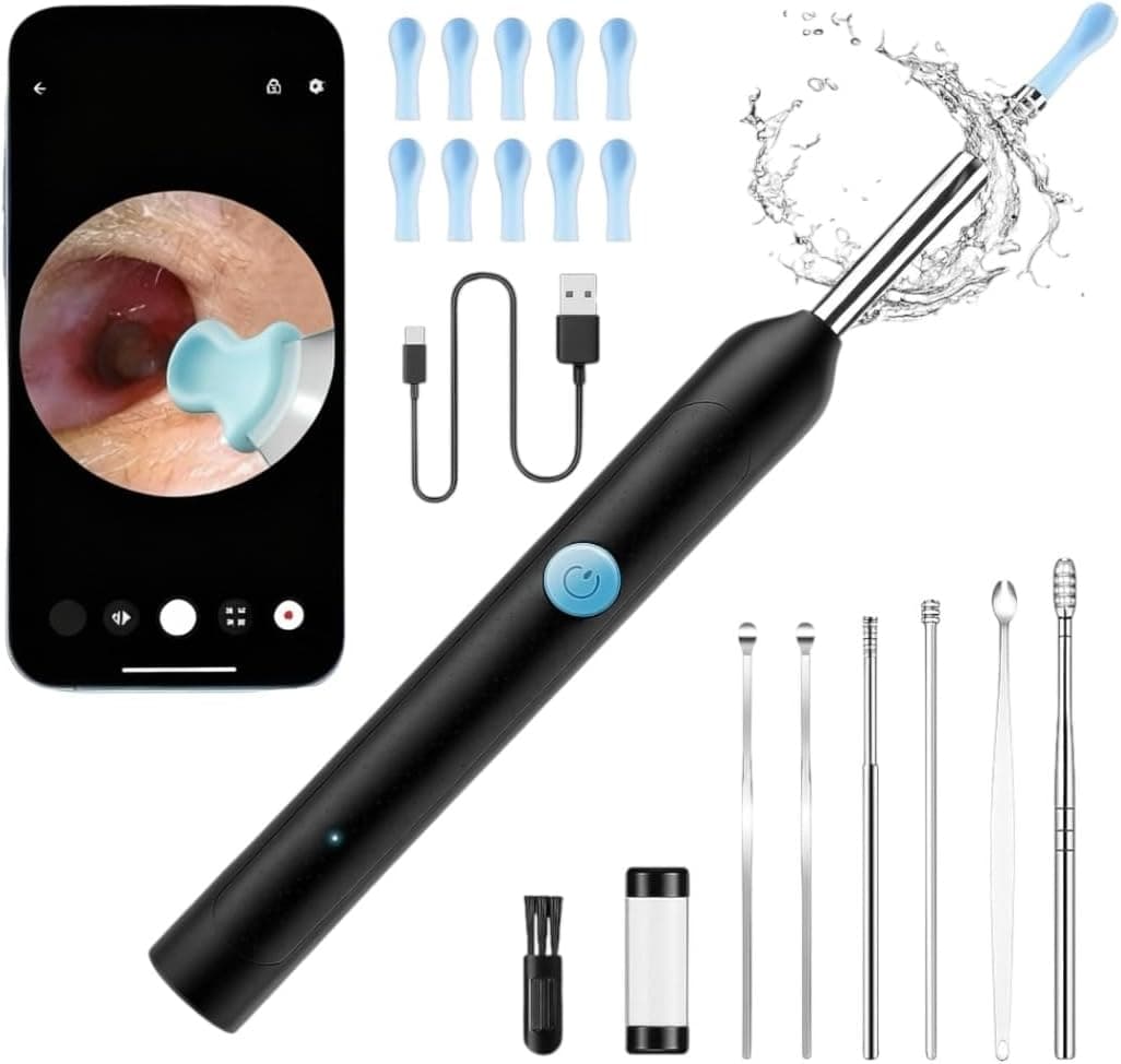 ابزار پاک‌کننده جرم گوش با دوربین HD – شامل دوربین، ۶ چراغ LED، و ابزار تمیزکننده گوش، کیف کامل پاک‌سازی جرم گوش، شارژ از طریق USB و سازگار با اندروید و آیفون – رنگ مشکی.