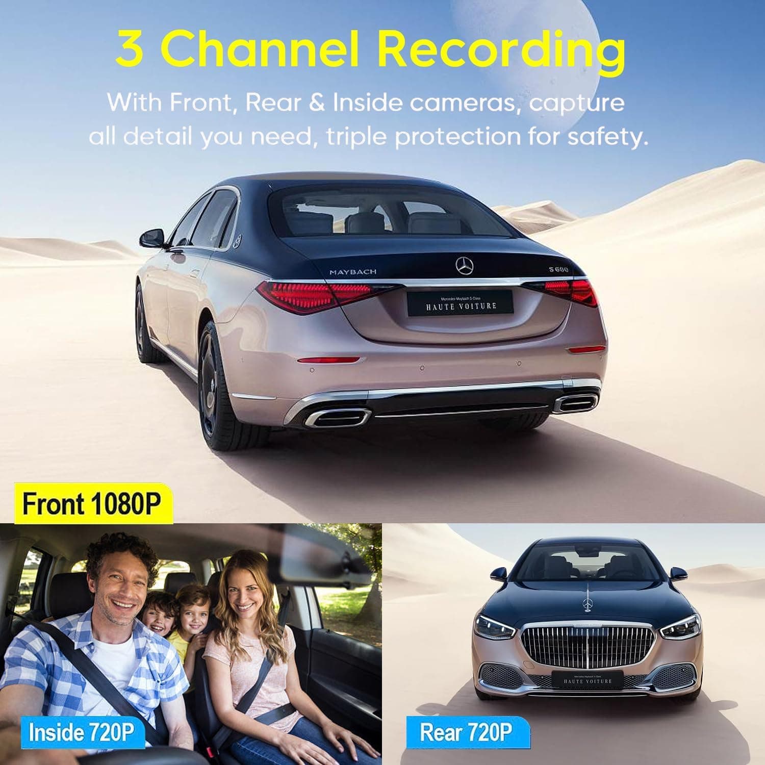 دوربین خودرو ۳ کاناله (جلو، عقب و داخل کابین) – کیفیت ۱۰۸۰P، با دید در شب IR، ضبط حلقه‌ای، سنسور G، مانیتور پارکینگ و ضبط ۲۴ ساعته، دوربین سه‌راهه برای خودرو.