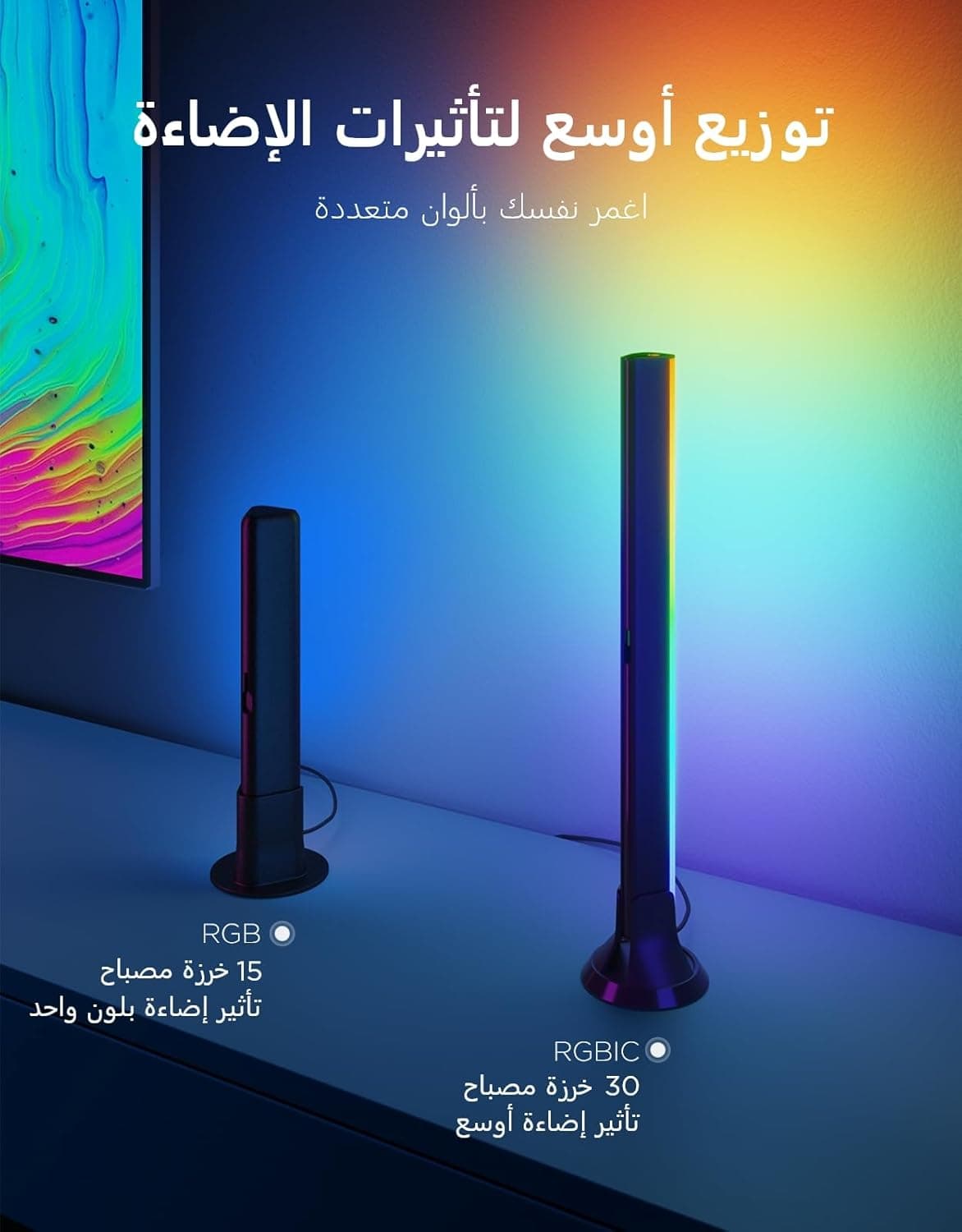 نورپردازی پشت تلویزیون Govee RGBIC Light Bars – طول ۱۵ اینچ، WiFi، با دو ردیف LED، نورهای هوشمند با گزینه‌های نصب متعدد، مناسب برای تلویزیون‌های ۴۵ تا ۷۰ اینچ، سازگار با Alexa و Google Assistant – رنگ مشکی.