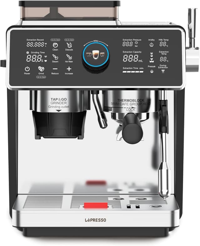 Lepresso Coffee Machine Semi-Automatic Espresso Machine, Dual Boiler Coffee Maker with Grinder, 20 Bar, Touch Display, Dual Pump, Grinder With 30 Adjustable Level, Electrostatic Anti-fly Powder Tech Vivente