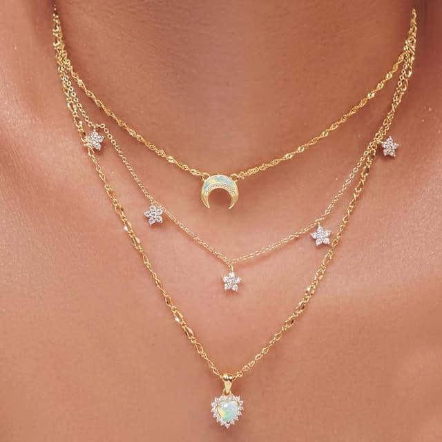 Layered Gold Necklaces for Women, 14K Gold Plated Stackable Stack Choker Necklaces Trendy Layering Star/Moon Pendant Chain Necklace Set Jewelry for Mother LayeredMoon