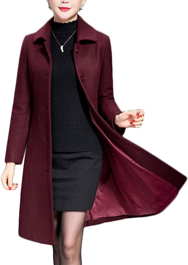 پالتو ترنچ زنانه پشمی Jenkoon، پالتو زمستانی بلند و ضخیم، Overcoat و Walker Coats، سایز M، رنگ Wine
