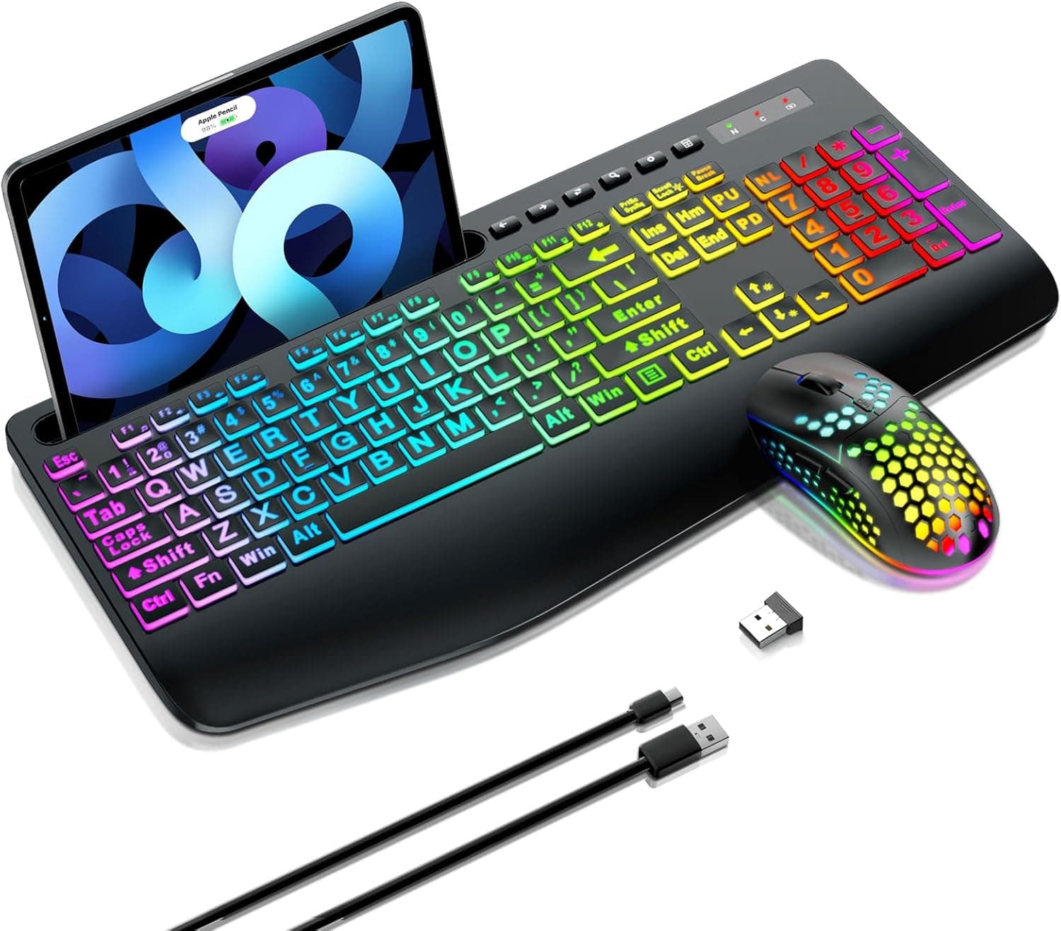 ست کیبورد و ماوس بی‌سیم Garlo – کیبورد غشایی بی‌صدا با حس مکانیکی، اندازه کامل (Full-Size) با اتصال بلوتوث، 2.4GHz و سیمی، دارای نور پس‌زمینه RGB و استراحت‌گاه ارگونومیک مچ دست، مناسب برای کامپیوتر، لپ‌تاپ، مک و PS5.