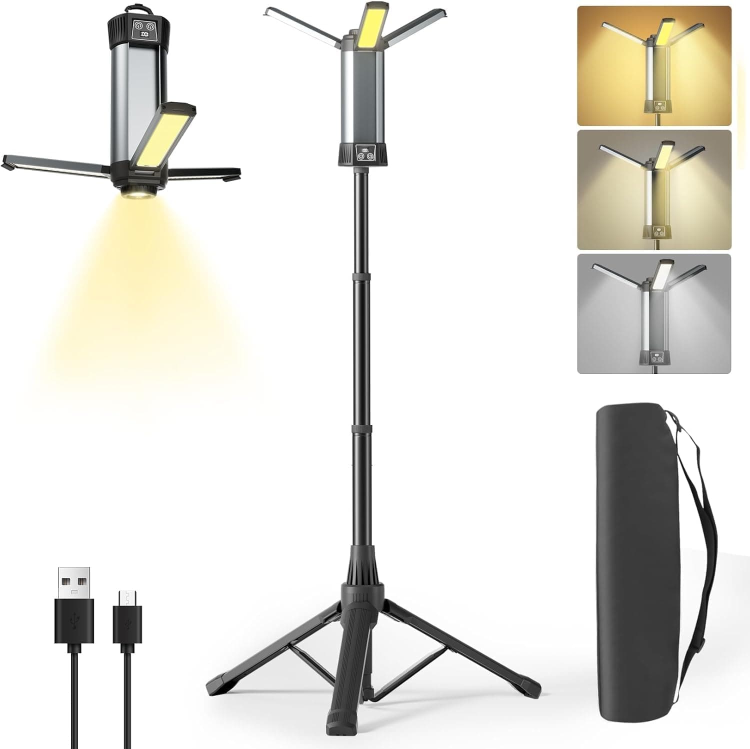 چراغ کاری قابل شارژ و چراغ کمپینگ فضای باز – دارای نور LED بی‌سیم با پایه ایستاده قابل جدا شدن (Tripod)، قلاب آویز و کیف حمل، با قابلیت تنظیم روشنایی تا ۵۰۰ / ۱۰۰۰ / ۲۰۰۰ لومن و دمای رنگ قابل تغییر بین ۳۵۰۰ تا ۶۵۰۰ کلوین (Dimmable).