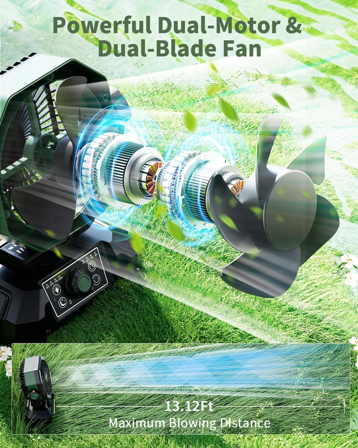 پنکه کمپینگ coldSky با ظرفیت باتری ۲۰۰۰۰ میلی‌آمپر ساعت – دارای دو موتور، چراغ LED چهارحالته، ۸ سرعت مختلف و ریموت کنترل، قابل‌حمل و مناسب برای چادر، قطعی برق یا محل کار، همراه با قلاب آویز – رنگ سبز.