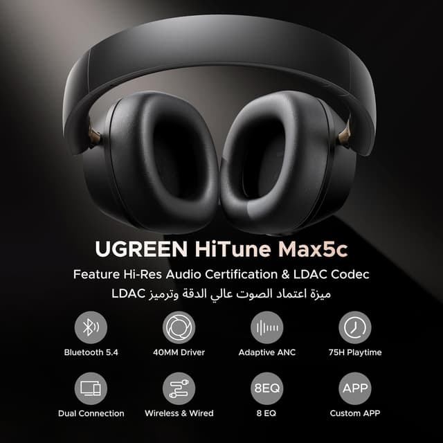 UGREEN HiTune Max5C Headphones Wireless, Adaptive Noise Cancelling Headset, Hi-Res & LDAC Sound, 75H Playtime Over-ear Headphone, Bluetooth 5.4 Earphone, Comfortable Fit, Retractable, Custom EQ -Black Max5C Black